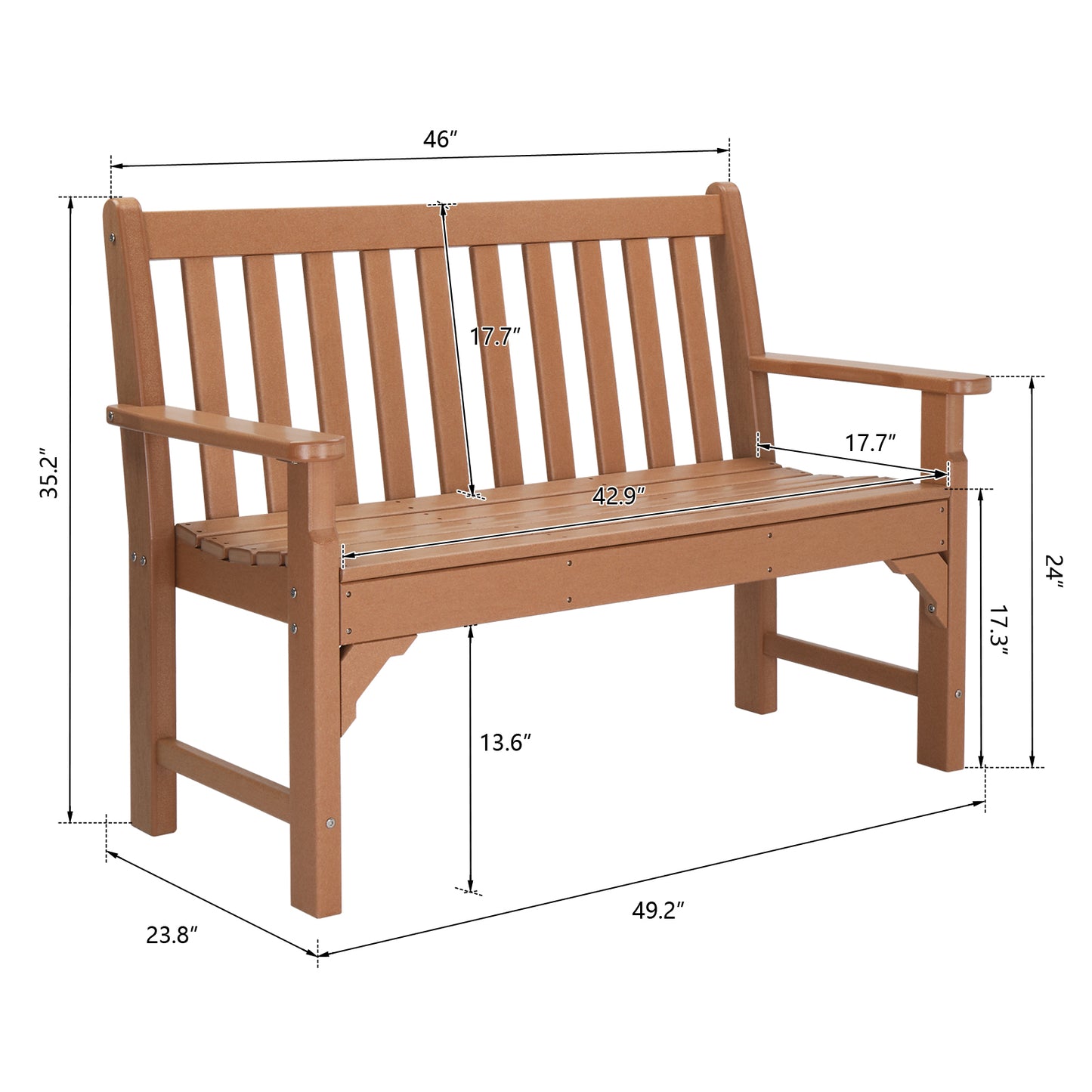 Dimensions of our Teak-Colored 2 Person Outdoor Bench Seat: 49.21in L x 23.82in W x 35.24in H.