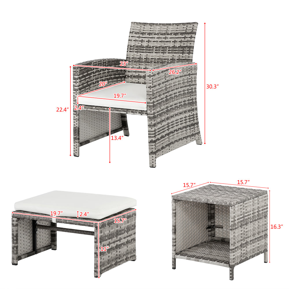 Dimensions of all pieces in the 5-piece garden set, including chairs, footstools, and an end table.