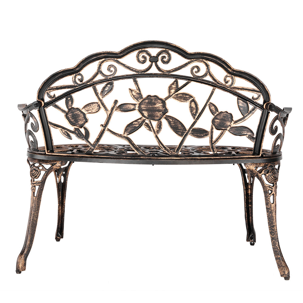 Back view of our antique bronze garden love bench