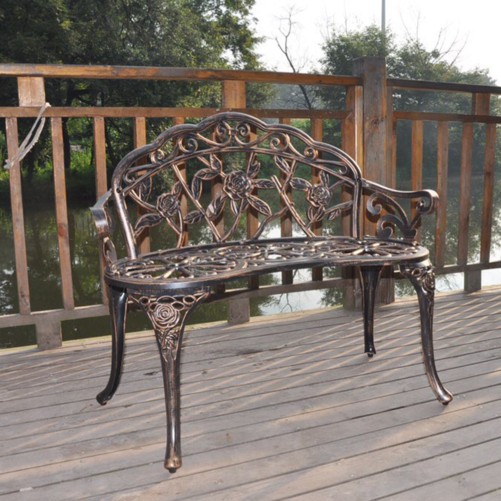 Enjoy outdoor seating with our garden love bench on a wooden deck