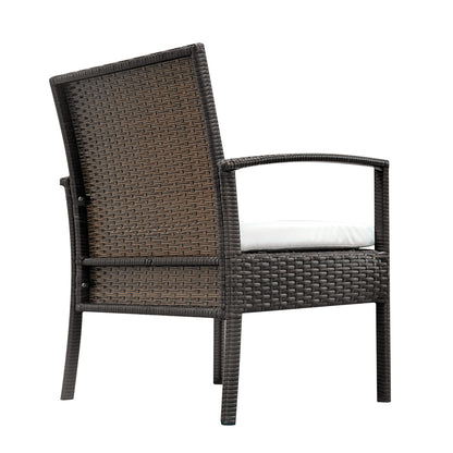 Back view of chair in brown wicker rattan with off-white cushion