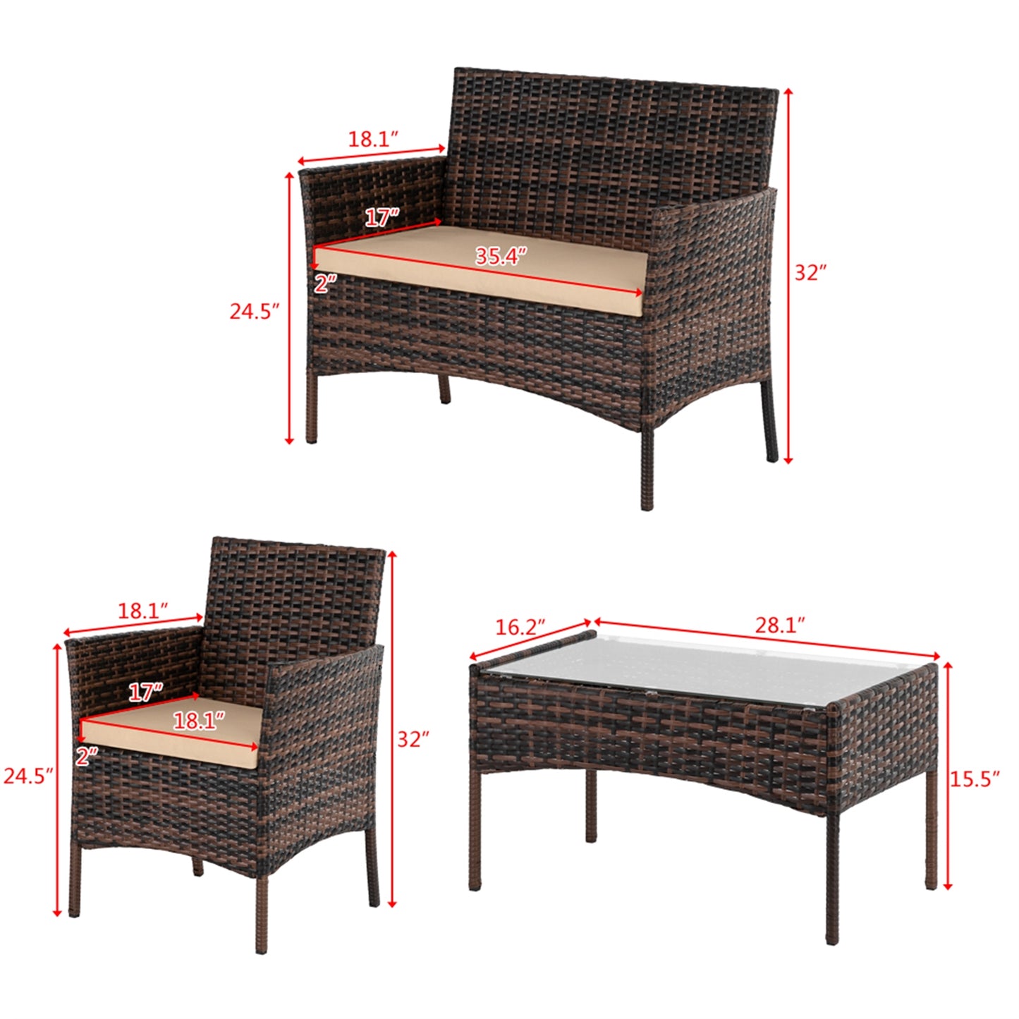 Dimensions of the 4-piece rattan garden furniture set