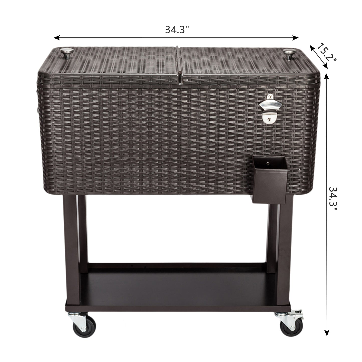 Dimensions of Outdoor Brown Wicker Cooler on Wheels 80 Quart Capacity with Tray