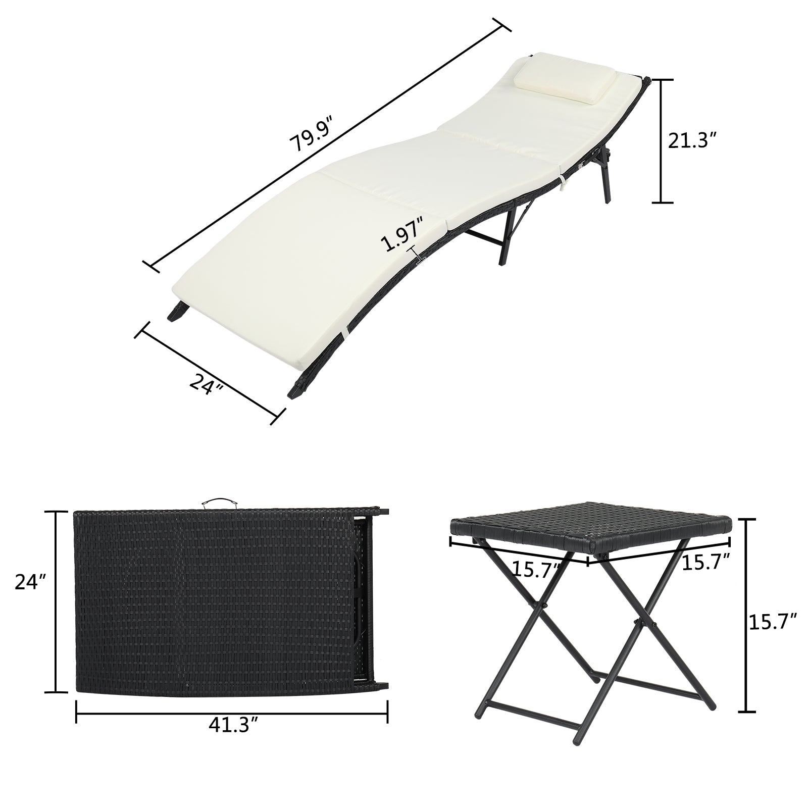 Dimensions of Set of 2 Adjustable Rattan Garden Loungers with End Table