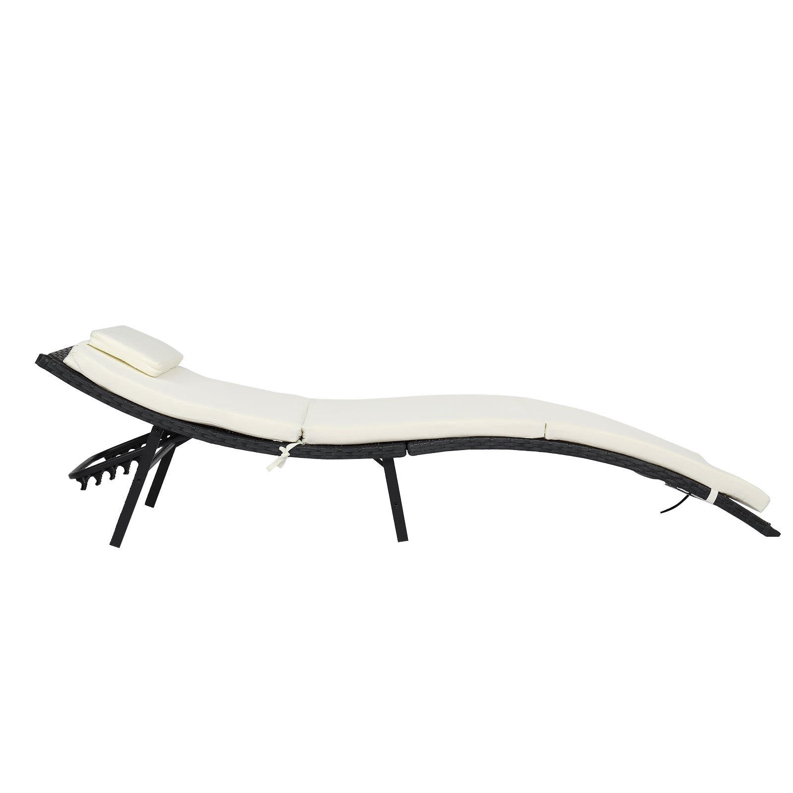 Side view of adjustable rattan garden lounger with pillow