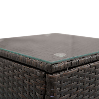 Close-up of the intricate wicker weave on the table top of the 2-seater rattan bistro set