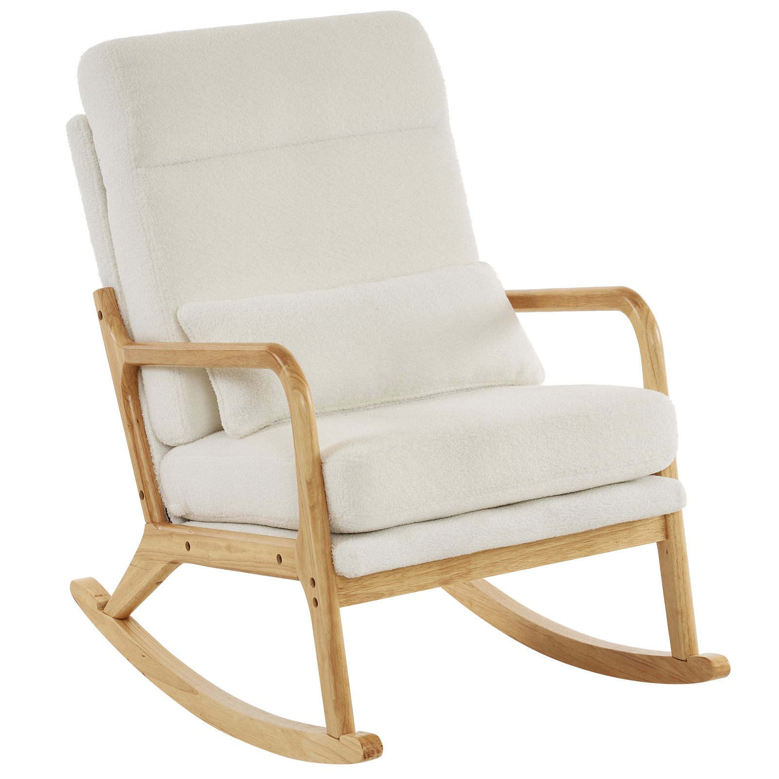 Angle view of the Comfy Rocking Chair, highlighting its solid wood frame, plush teddy fleece upholstery, and ergonomic design.