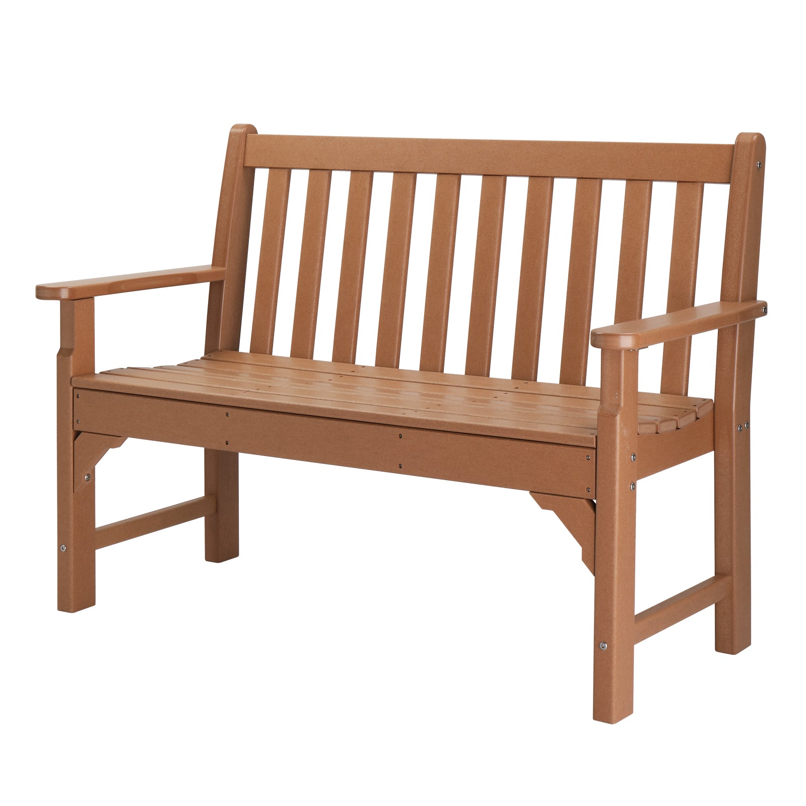 Angle View of our Teak-Colored 2 Person Outdoor Bench Seat, highlighting its timeless design and versatility