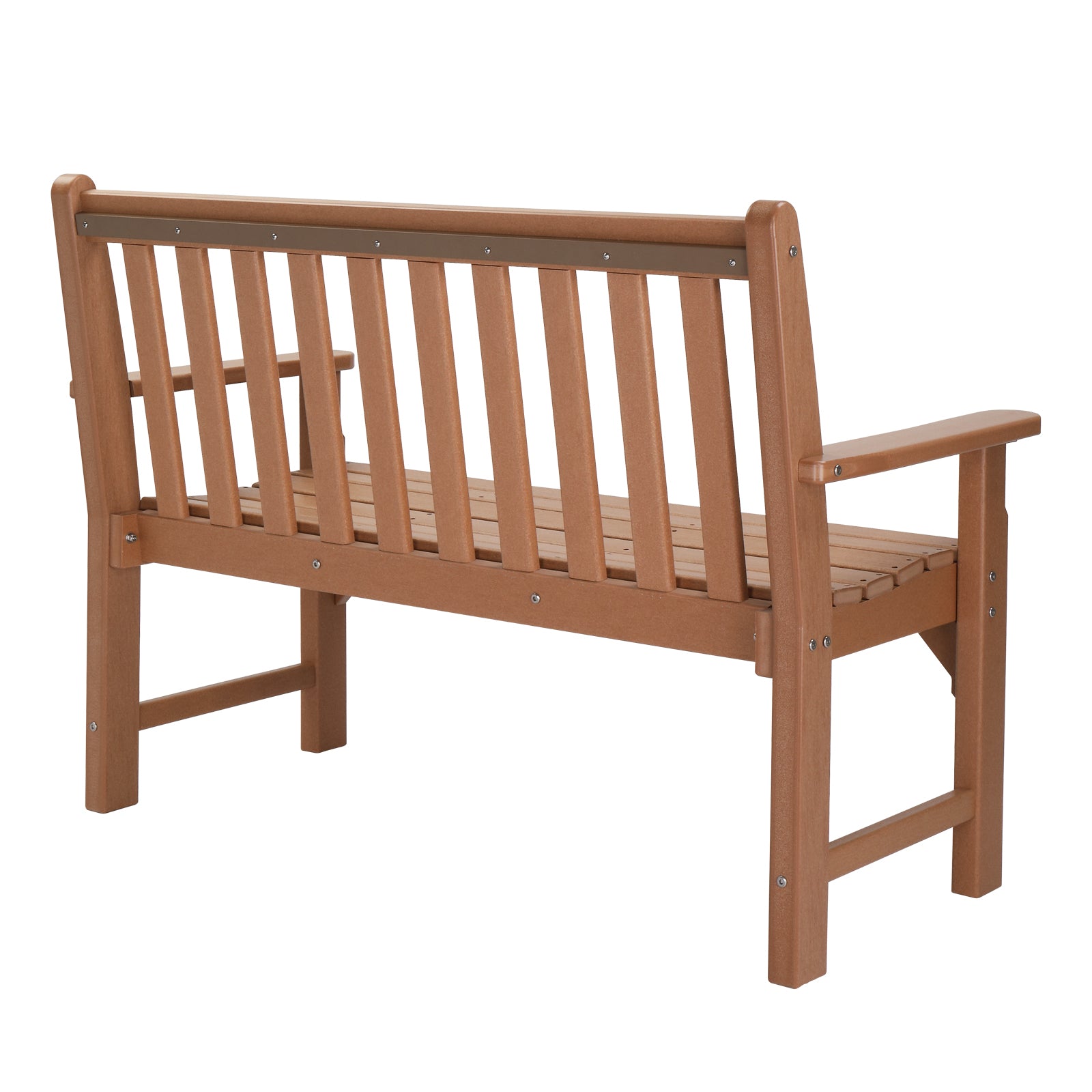 Back View of our Sturdy Teak-Colored 2 Person Outdoor Bench Seat, adding elegance to your outdoor area.