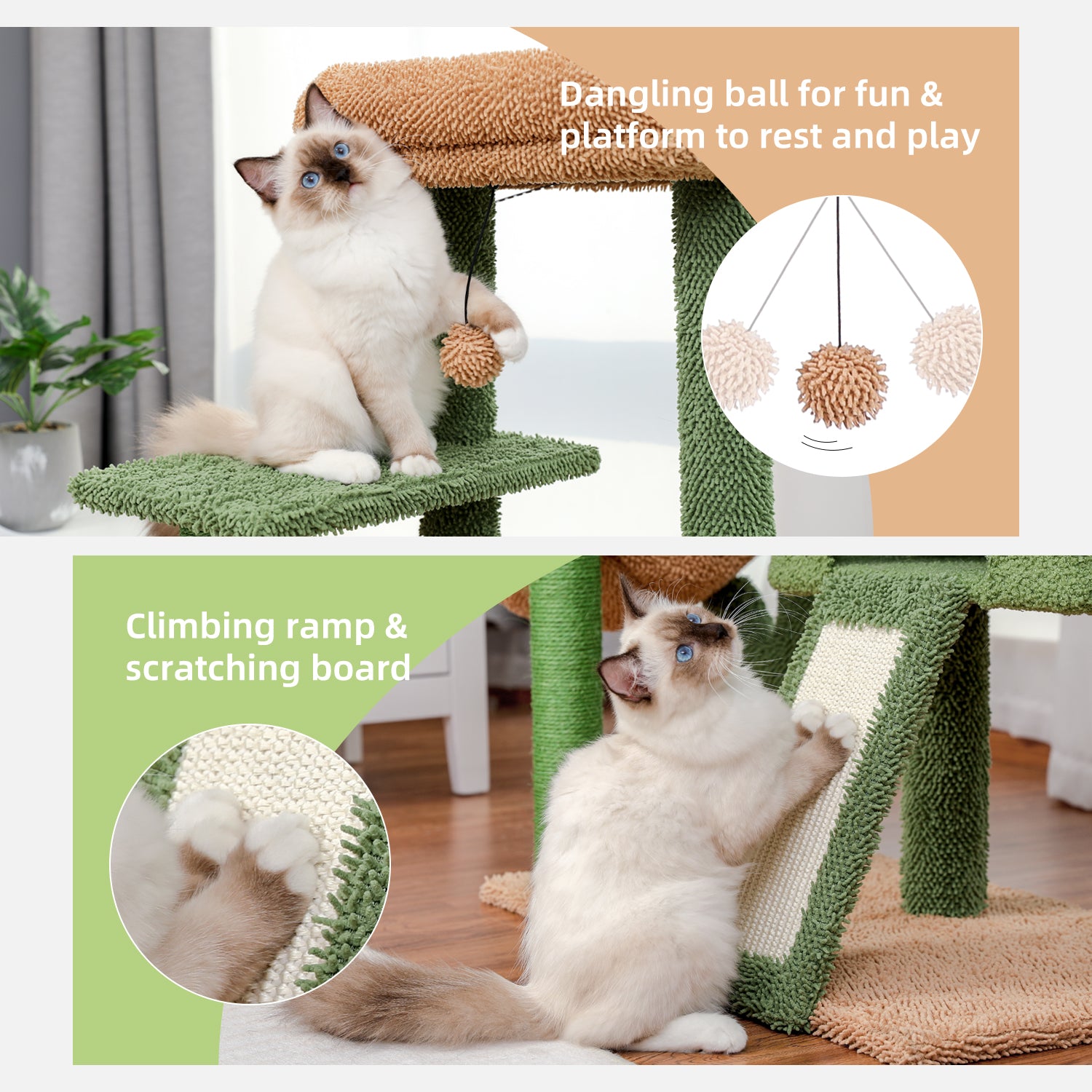 Close-up of Hanging Ball Toy and Scratching Ramp on Cactus Cat Condo