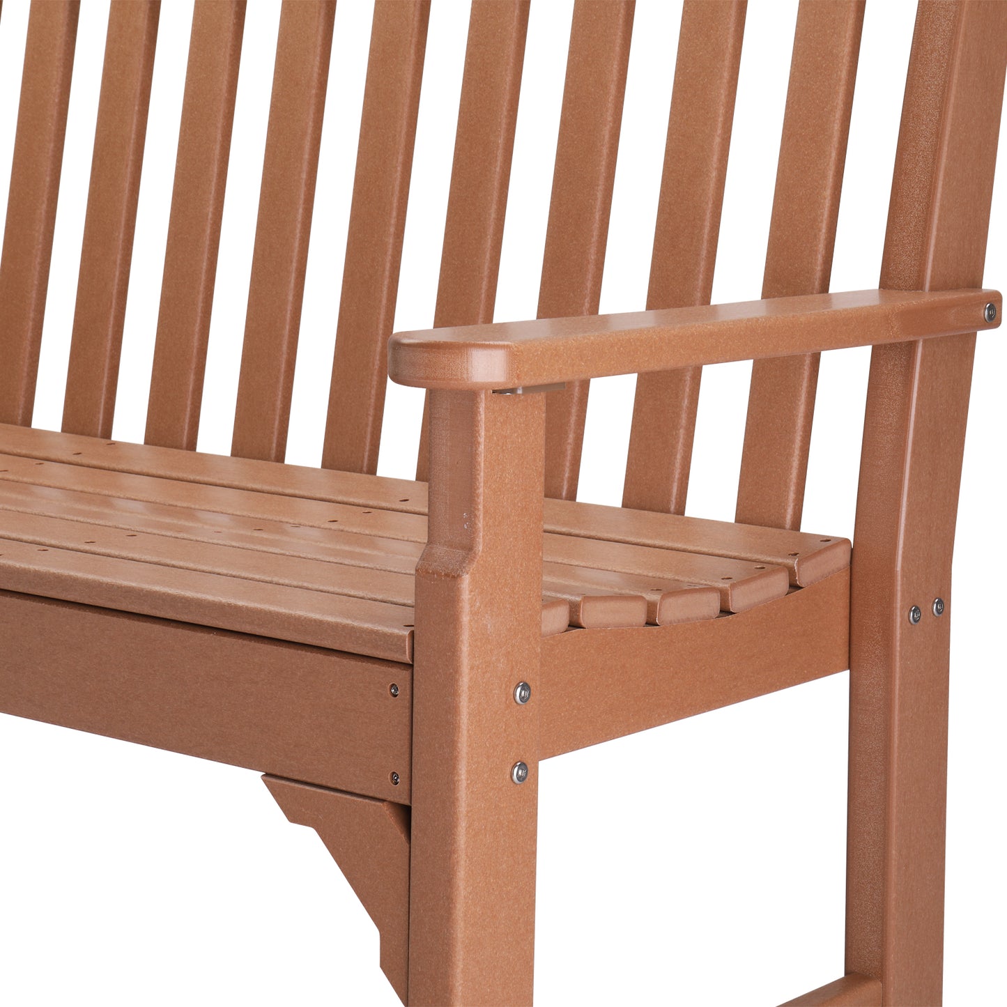 Close-up of the Seat and Armrest of our Teak-Colored 2 Person Outdoor Bench Seat, showcasing comfort and quality.