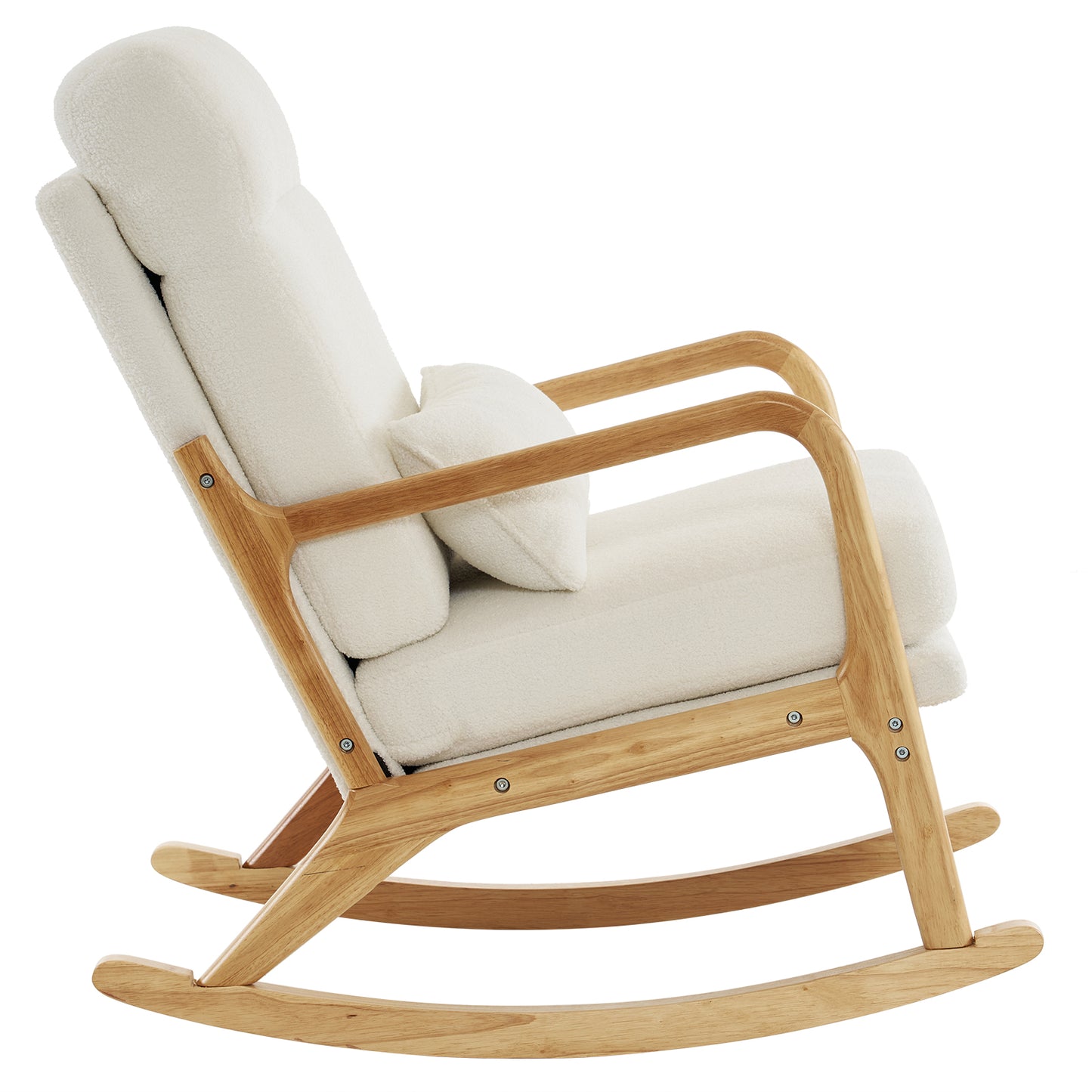 Side view of the Comfy Rocking Chair showcasing its elegant design and off-white teddy fleece upholstery.