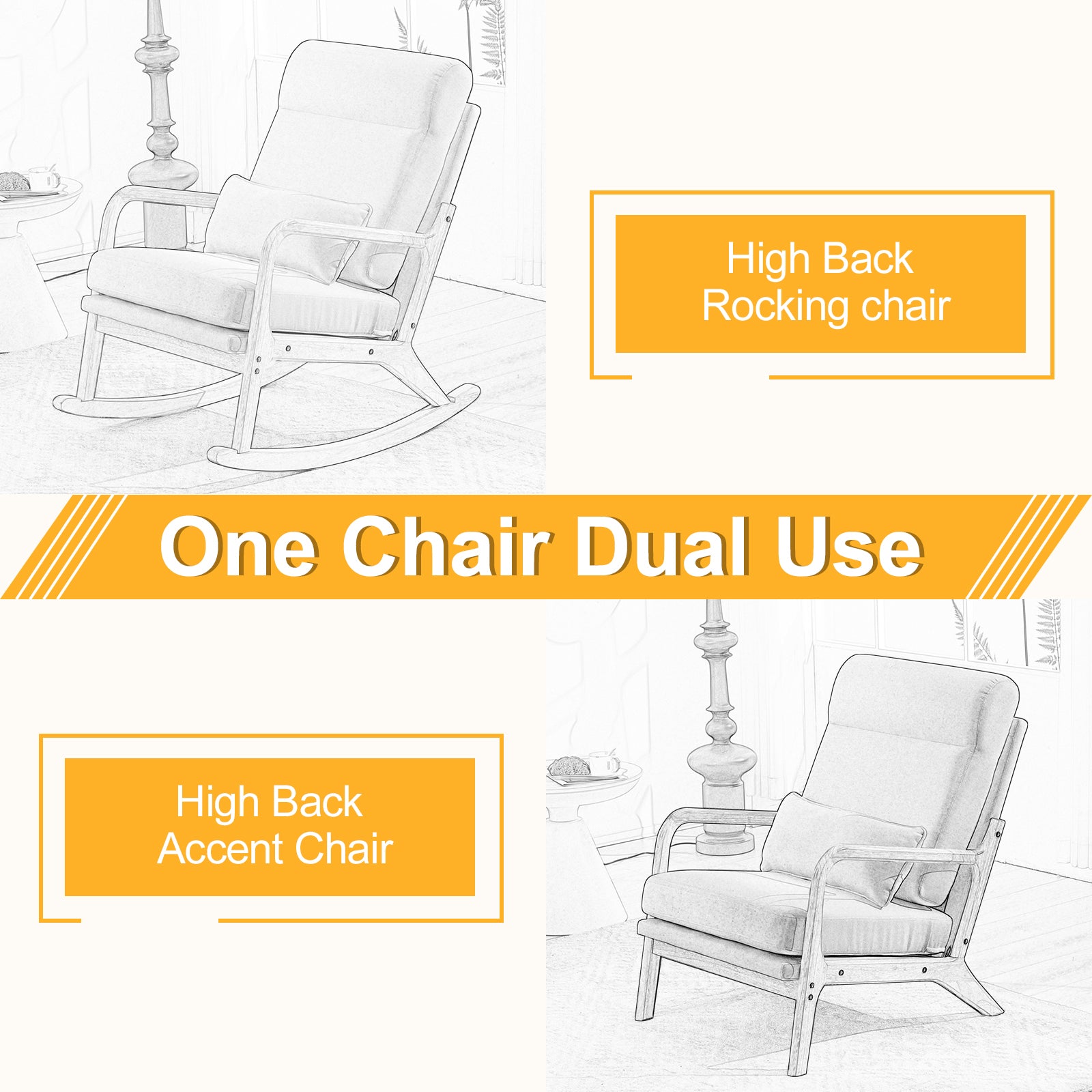 Image showcasing the dual-use functionality of the Comfy Rocking Chair, seamlessly transitioning between rocking and stationary modes to suit your preference.