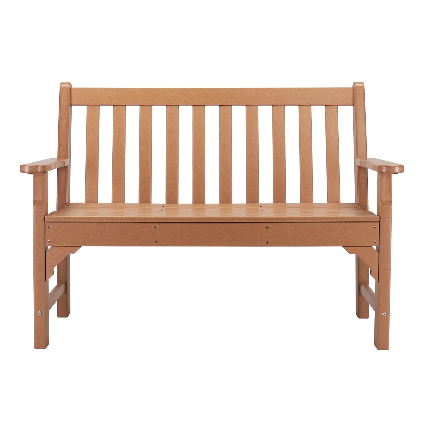 Front View of our Teak-Colored 2 Person Outdoor Bench Seat, perfect for outdoor spaces.