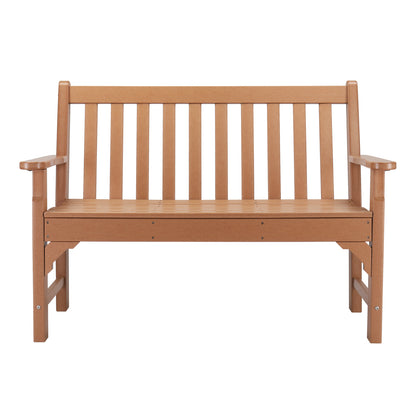 Front View of our Teak-Colored 2 Person Outdoor Bench Seat, perfect for outdoor spaces.