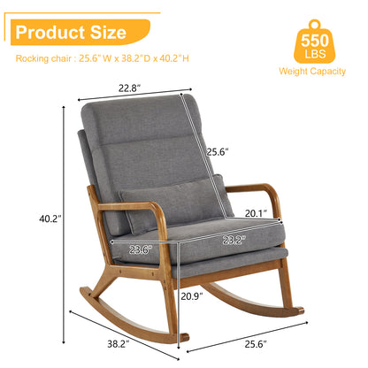 Detailed dimensions of the grey linen indoor rocking chair for your reference: 39.37 in L x 25.59 in W x 39.76 in H