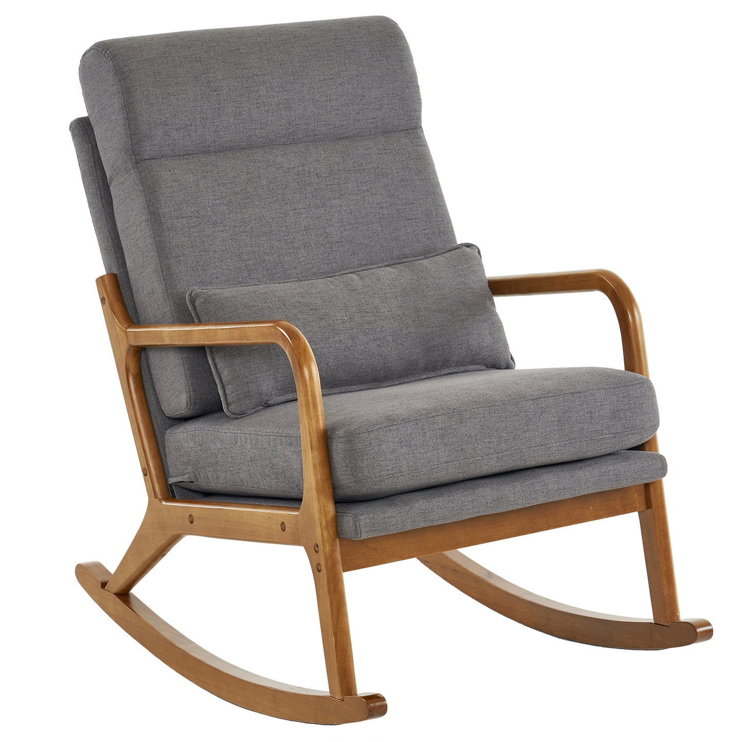 Main image of the grey linen indoor rocking chair, showcasing its elegant design and comfort.