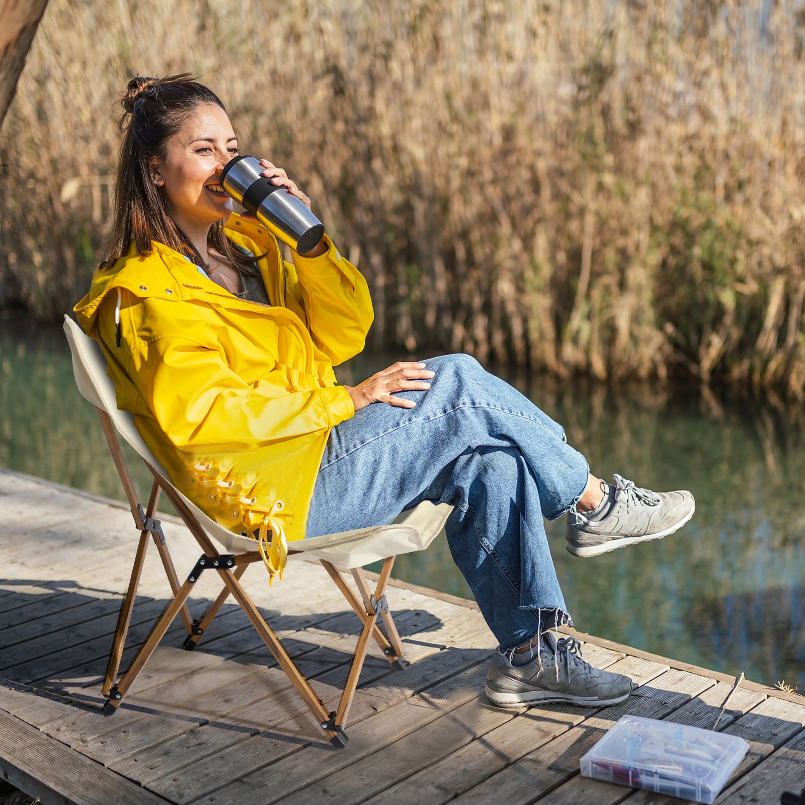 Relax in Comfort: Lady Enjoying Coffee on Lightweight Folding Picnic Chair (Khaki)