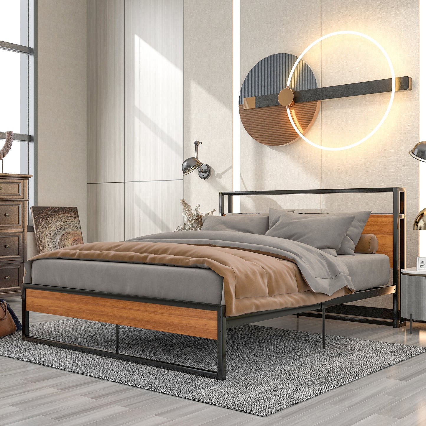 Captivating angle view of the modern platform bed with shelf, complementing any bedroom decor