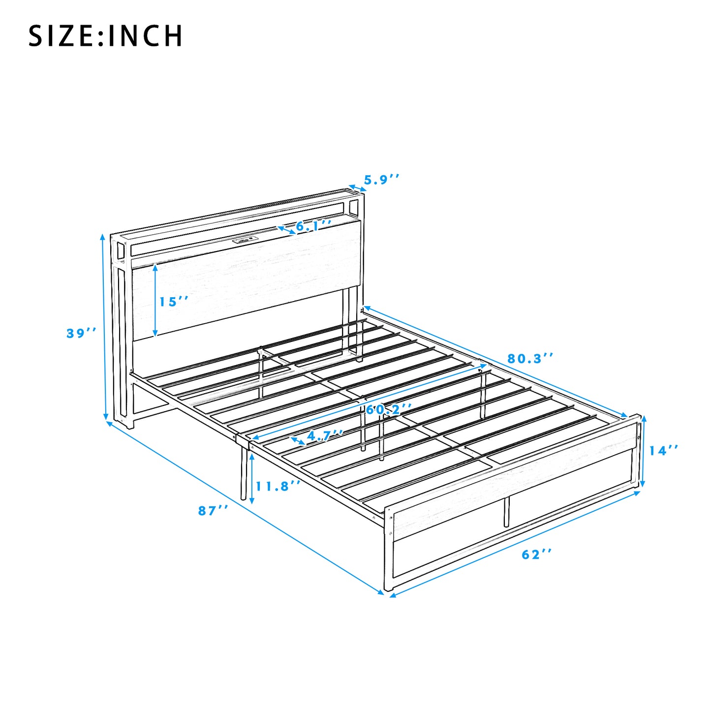 Detailed dimensional drawing of the modern platform bed with shelf for accurate measurements