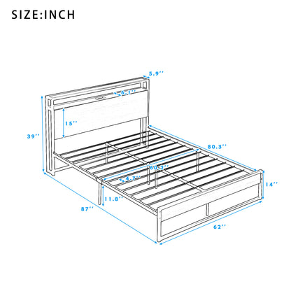 Detailed dimensional drawing of the modern platform bed with shelf for accurate measurements