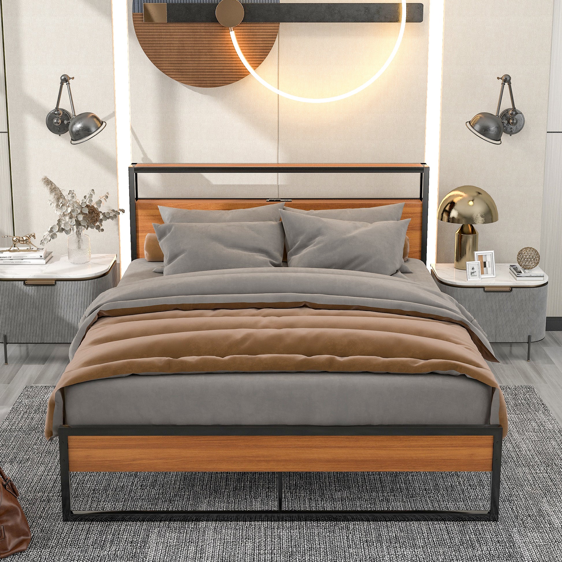 View of the modern platform bed with shelf in a beautiful bedroom setting