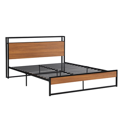 Side view of the contemporary platform bed with shelf, showcasing its design and functionality