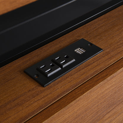 Close-up of the convenient USB and socket on the headboard shelf of the modern platform bed