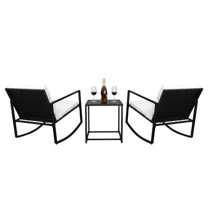 Back view of the rattan bistro set with comfortable rocking armchairs and cushions