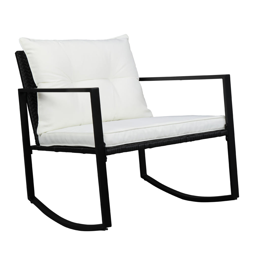 Angle view of the stylish rocking chair in the rattan bistro set