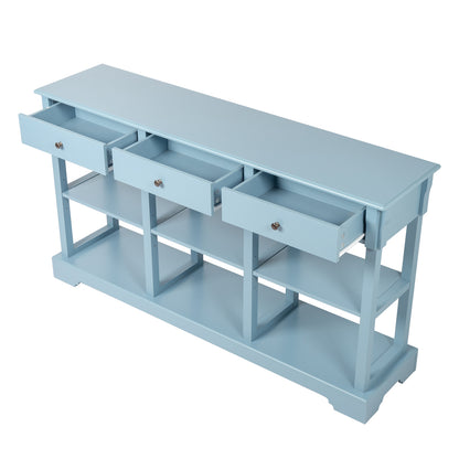 Retro Teal Entryway Table with Drawers Open - Showcase of the table's functional drawers, providing convenient storage solutions.