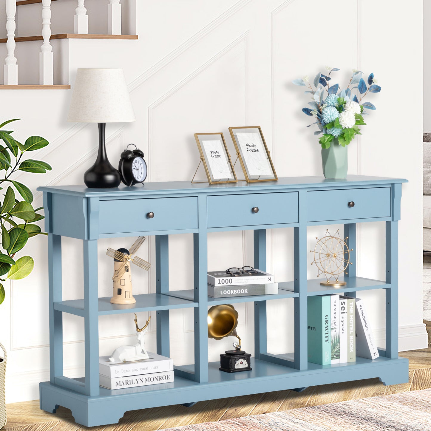 Retro Teal Entryway Table in Entryway - Placed elegantly in front of a staircase, adding style and functionality to the space.