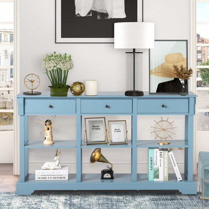 Retro Teal Entryway Table in Living Room - A versatile piece that enhances the decor and storage options in your living area.