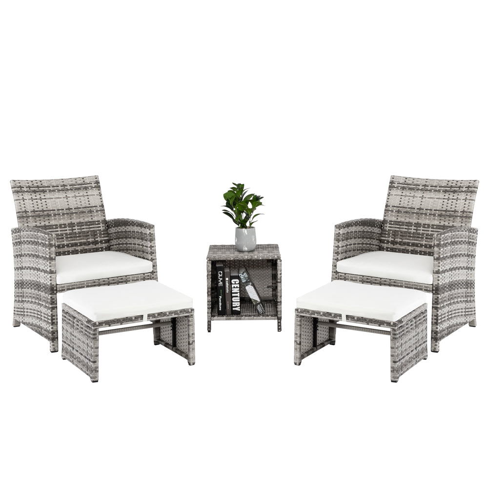 Complete 5-piece garden set with chairs, footstools, and a table, ideal for creating a cozy outdoor space.