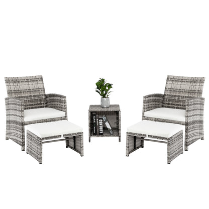 Complete 5-piece garden set with chairs, footstools, and a table, ideal for creating a cozy outdoor space.