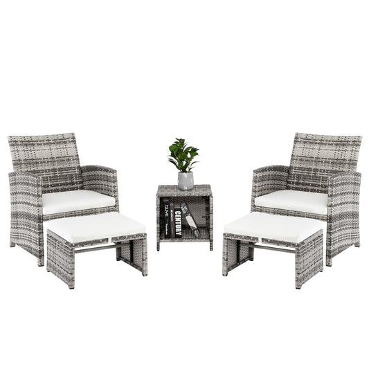 Complete 5-piece garden set with chairs, footstools, and a table, ideal for creating a cozy outdoor space.