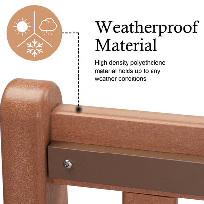 Weatherproof HDPE Material of our Teak-Colored 2 Person Outdoor Bench Seat, ensuring durability and longevity.