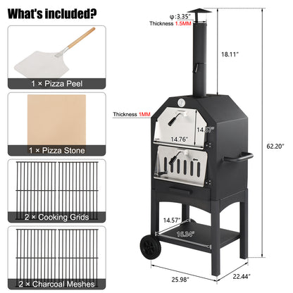 Product dimensions of our woodburning pizza oven for accurate measurements.