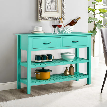 Antique blue console table with drawers in an entryway