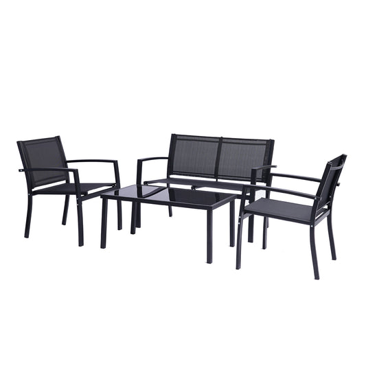 Angled view of black metal 4 person patio conversation set