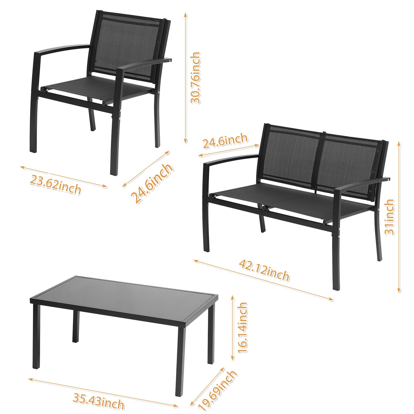 Dimensions of black metal 4 person patio conversation set