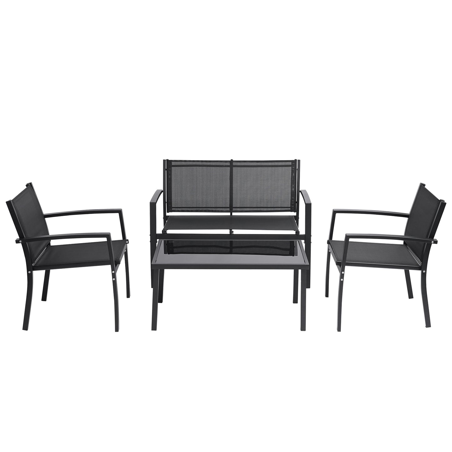 Front view of black metal 4 person patio conversation set