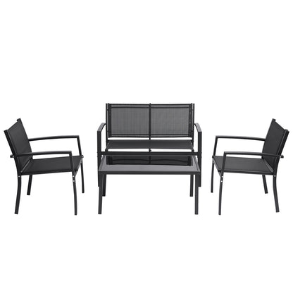 Front view of black metal 4 person patio conversation set