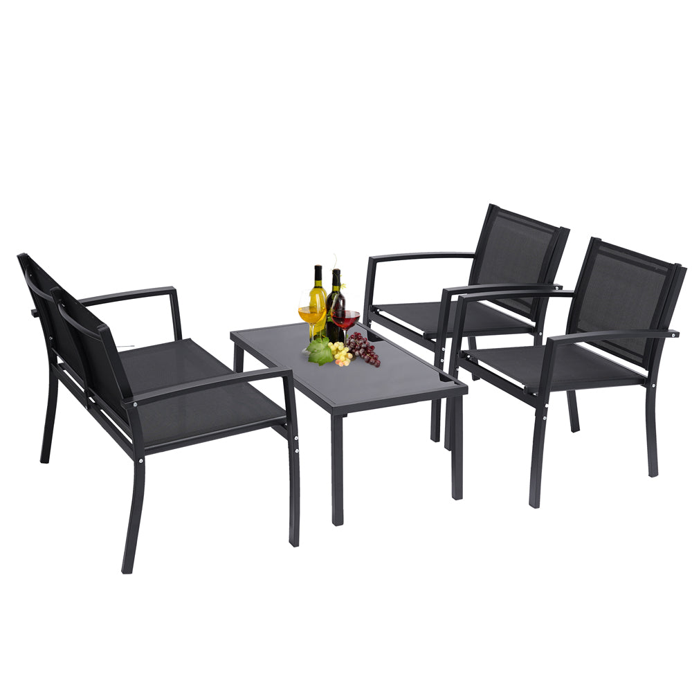 Side view of black metal 4 person patio conversation set