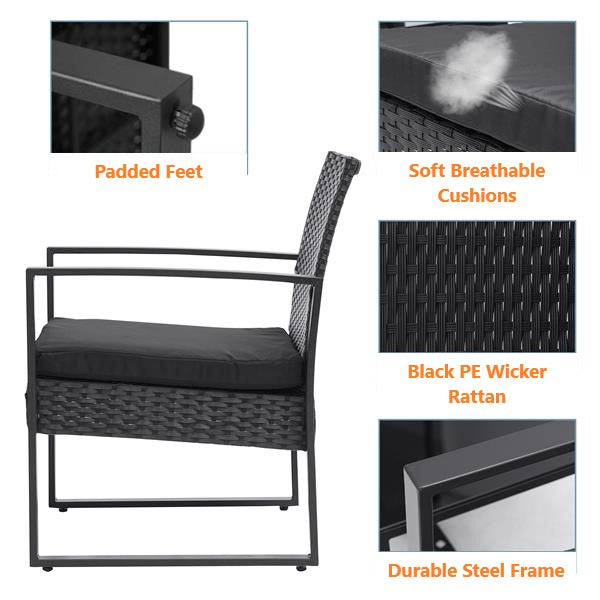 Features of black wicker patio bistro set frame and cushion