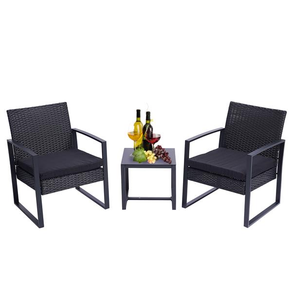 Front view black wicker patio bistro set with two chairs and one table