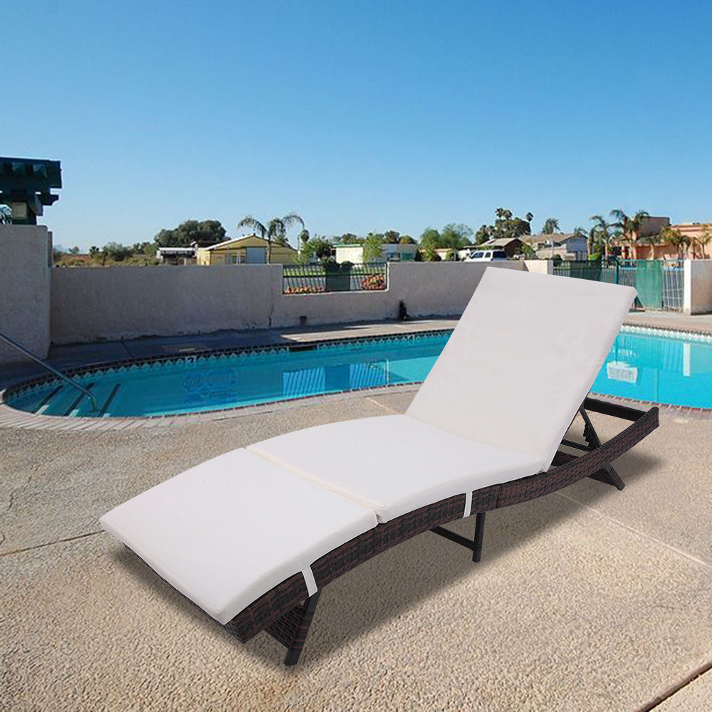 Brown PE Wicker Reclining Chaise with Cushions by the pool