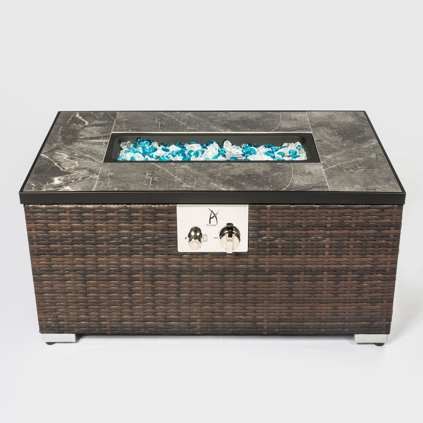 Create a cozy outdoor space with this decorative propane fire table, complete with glass rocks.