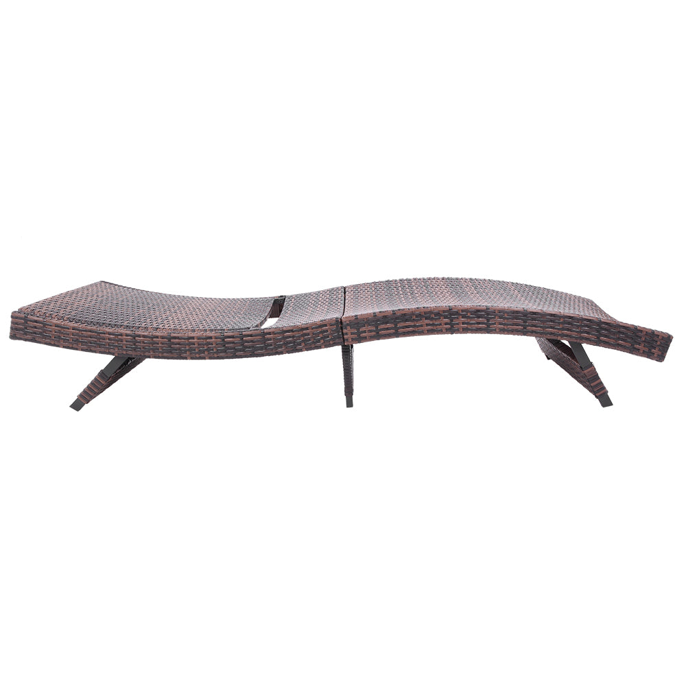 Brown PE Wicker Reclining Chaise without cushions in flat position for tanning